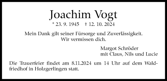 Traueranzeige von Joachim Vogt von Kreiszeitung Böblinger Bote