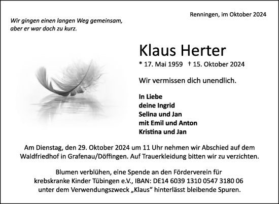 Traueranzeige von Klaus Herter von Kreiszeitung Böblinger Bote