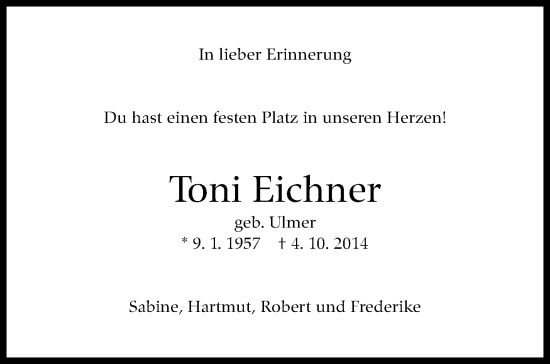 Traueranzeige von Toni Eichner von Kreiszeitung Böblinger Bote