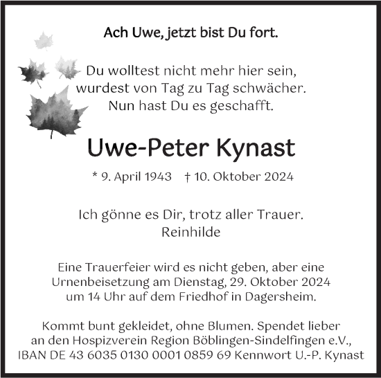 Traueranzeige von Uwe-Peter Kynast von Kreiszeitung Böblinger Bote