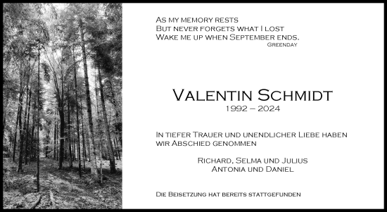 Traueranzeige von Valentin Schmidt von Kreiszeitung Böblinger Bote