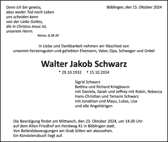 Traueranzeige von Walter Jakob Schwarz von Kreiszeitung Böblinger Bote