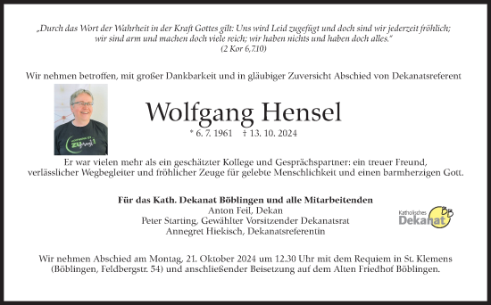 Traueranzeige von Wolfgang Hensel von Kreiszeitung Böblinger Bote