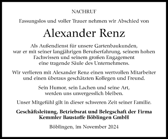 Traueranzeige von Alexander Renz von Kreiszeitung Böblinger Bote