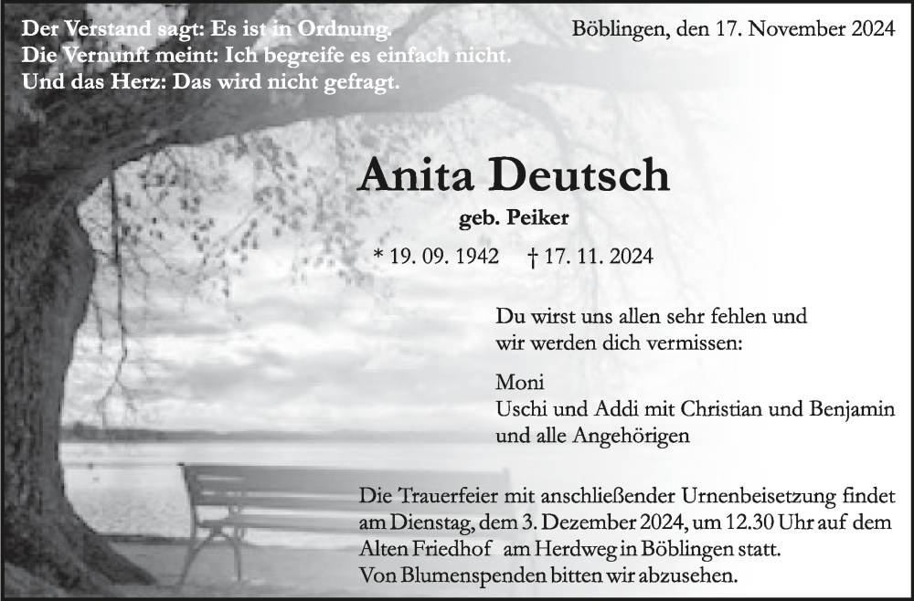  Traueranzeige für Anita Deutsch vom 28.11.2024 aus Kreiszeitung Böblinger Bote