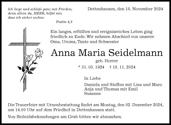 Traueranzeige von Anna Maria Seidelmann von Kreiszeitung Böblinger Bote