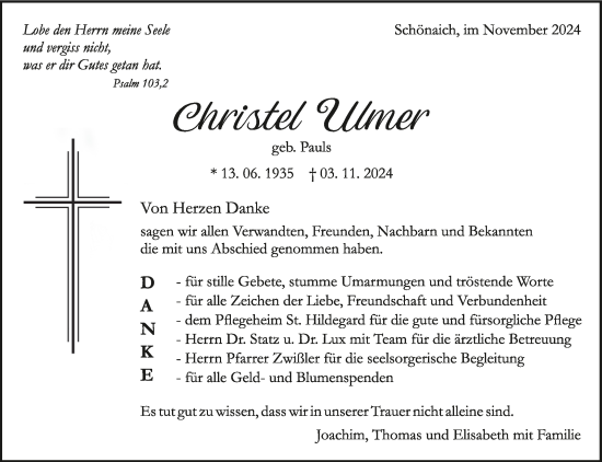 Traueranzeige von Christel Ulmer von Kreiszeitung Böblinger Bote