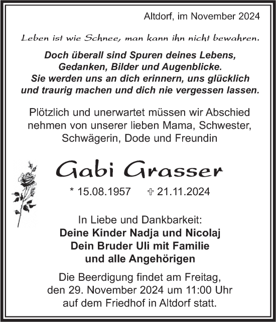 Traueranzeige von Gabi Grasser von Kreiszeitung Böblinger Bote