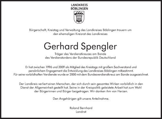 Traueranzeige von Gerhard Spengler von Kreiszeitung Böblinger Bote