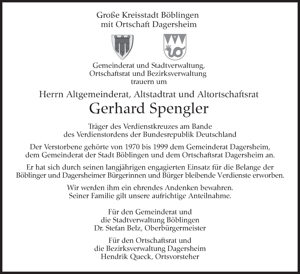  Traueranzeige für Gerhard Spengler vom 05.11.2024 aus Kreiszeitung Böblinger Bote