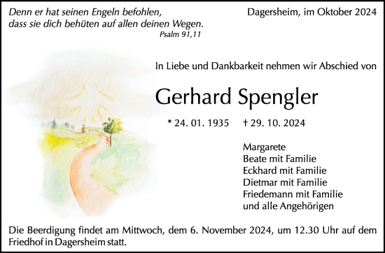 Traueranzeige von Gerhard Spengler von Kreiszeitung Böblinger Bote