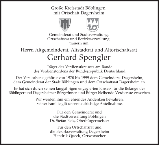 Traueranzeige von Gerhard Spengler von Kreiszeitung Böblinger Bote