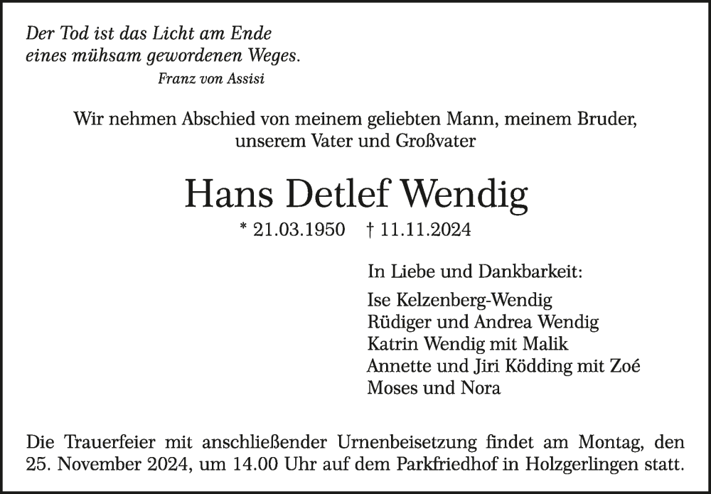 Traueranzeige für Hans Detlef Wendig  vom 16.11.2024 aus Kreiszeitung Böblinger Bote