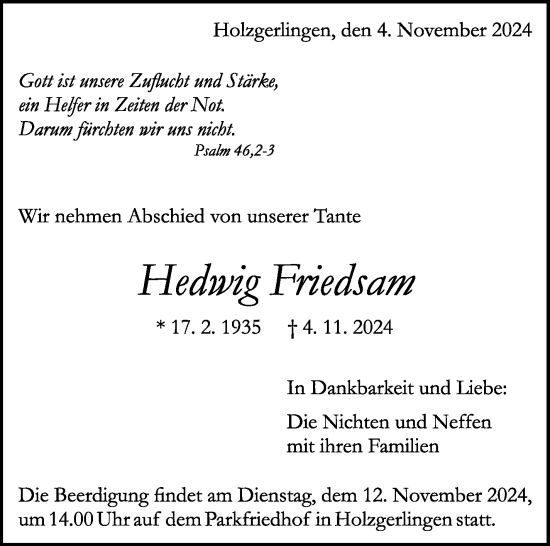Traueranzeige von Hedwig Friedsam von Kreiszeitung Böblinger Bote
