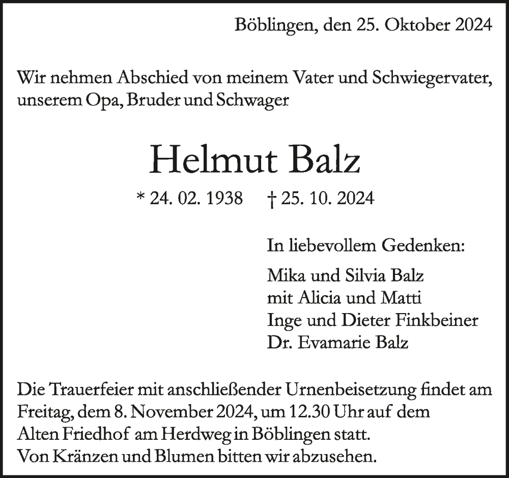  Traueranzeige für Helmut Balz vom 31.10.2024 aus Kreiszeitung Böblinger Bote