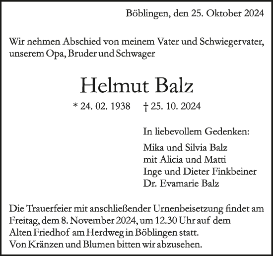 Traueranzeige von Helmut Balz von Kreiszeitung Böblinger Bote
