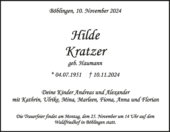 Traueranzeige von Hilde Kratzer von Kreiszeitung Böblinger Bote