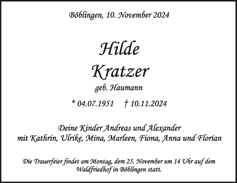  Traueranzeige für Hilde Kratzer vom 20.11.2024 aus Kreiszeitung Böblinger Bote