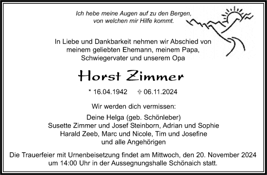 Traueranzeige von Horst Zimmer von Kreiszeitung Böblinger Bote