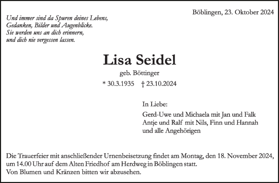 Traueranzeige von Lisa Seidel von Kreiszeitung Böblinger Bote
