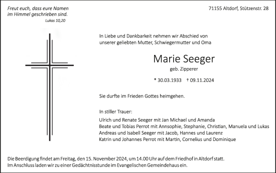 Traueranzeige von Marie Seeger von Kreiszeitung Böblinger Bote