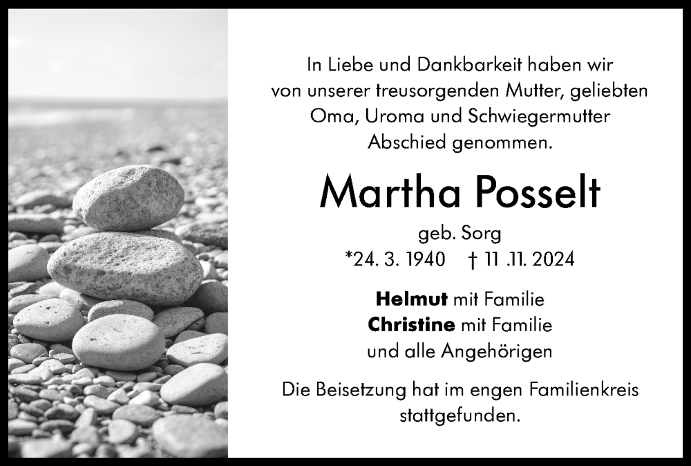  Traueranzeige für Martha Posselt vom 25.11.2024 aus Kreiszeitung Böblinger Bote