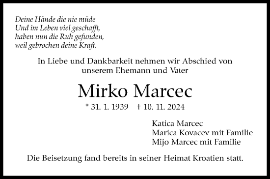 Traueranzeige von Mirko Marcec von Kreiszeitung Böblinger Bote