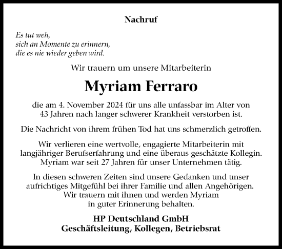 Traueranzeige von Myriam Ferraro von Kreiszeitung Böblinger Bote