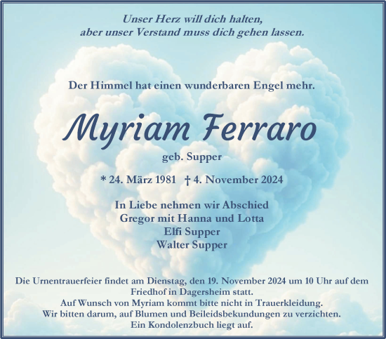 Traueranzeige von Myriam Ferraro von Kreiszeitung Böblinger Bote