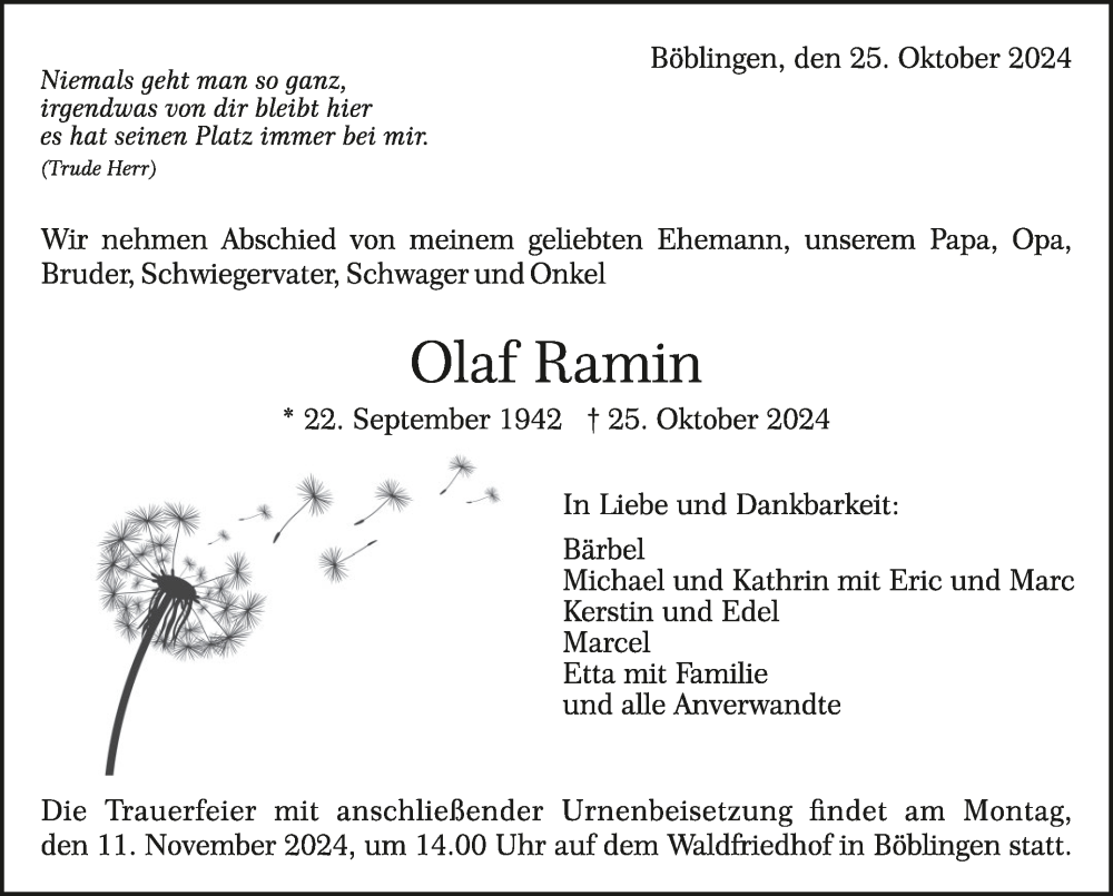  Traueranzeige für Olaf Ramin vom 06.11.2024 aus Kreiszeitung Böblinger Bote