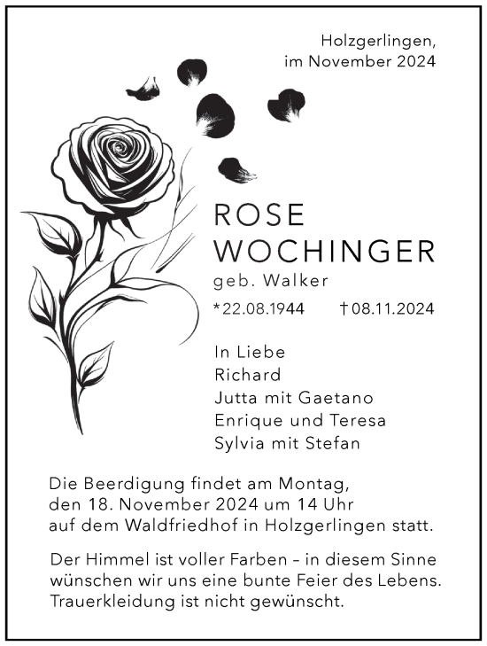 Traueranzeige von Rose Wochinger von Kreiszeitung Böblinger Bote