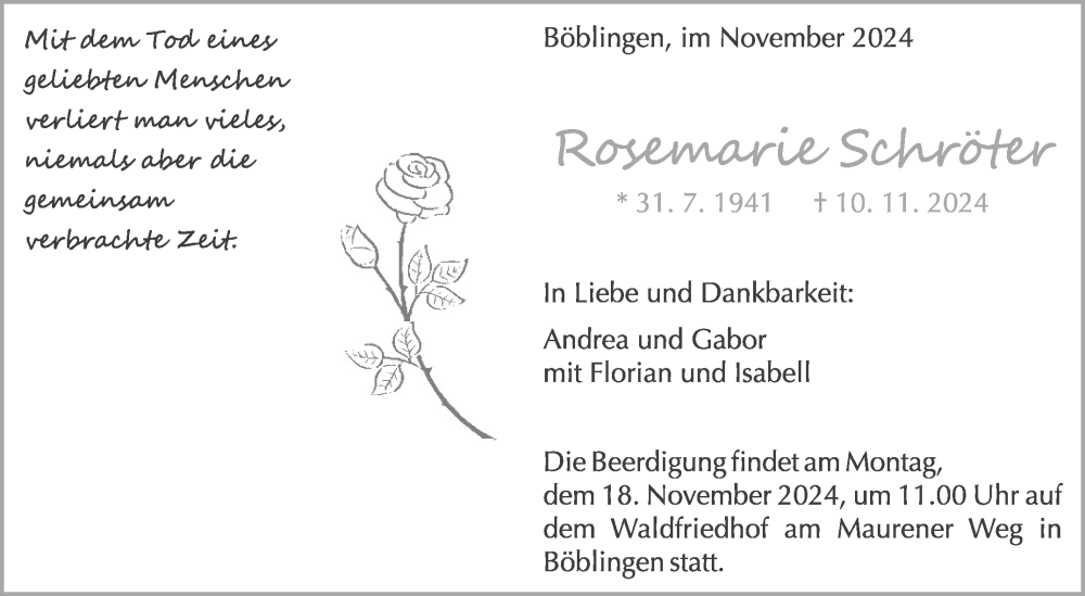  Traueranzeige für Rosemarie Schröter vom 14.11.2024 aus Kreiszeitung Böblinger Bote