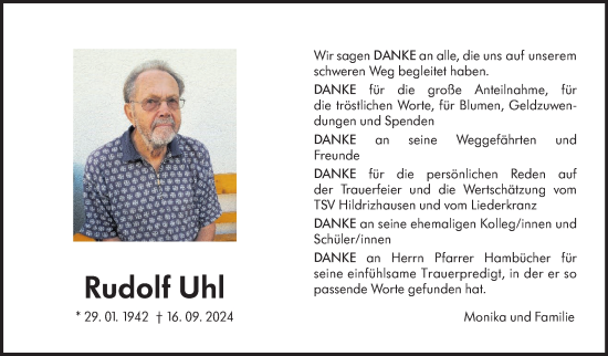 Traueranzeige von Rudolf Uhl von Kreiszeitung Böblinger Bote