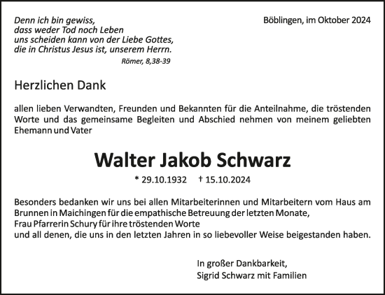 Traueranzeige von Walter Jakob Schwarz von Kreiszeitung Böblinger Bote
