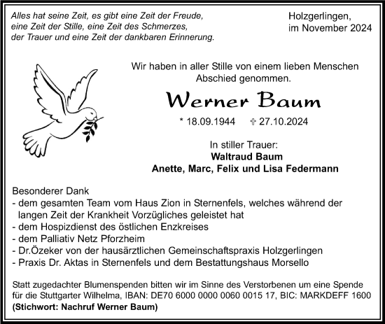 Traueranzeige von Werner Baum von Kreiszeitung Böblinger Bote