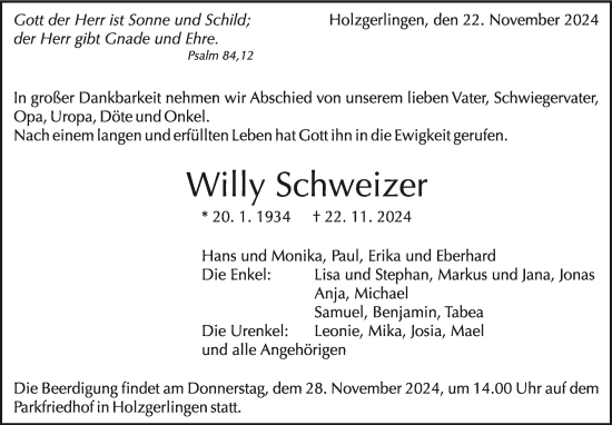 Traueranzeige von Willy Schweizer von Kreiszeitung Böblinger Bote