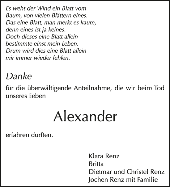 Traueranzeige von Alexander Renz von Kreiszeitung Böblinger Bote