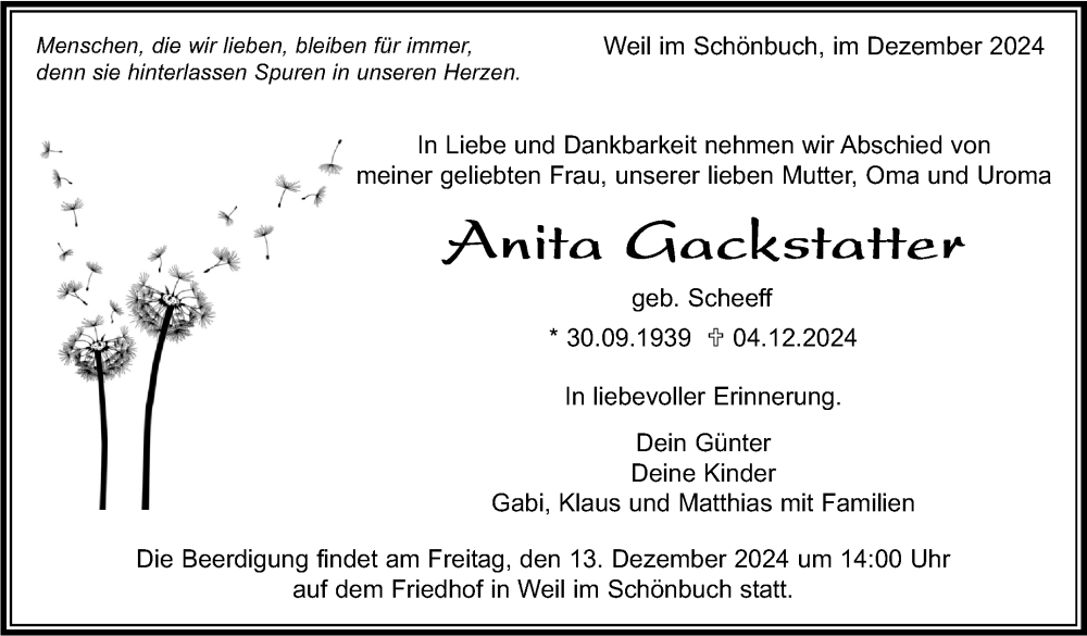  Traueranzeige für Anita Gackstatter vom 10.12.2024 aus Kreiszeitung Böblinger Bote