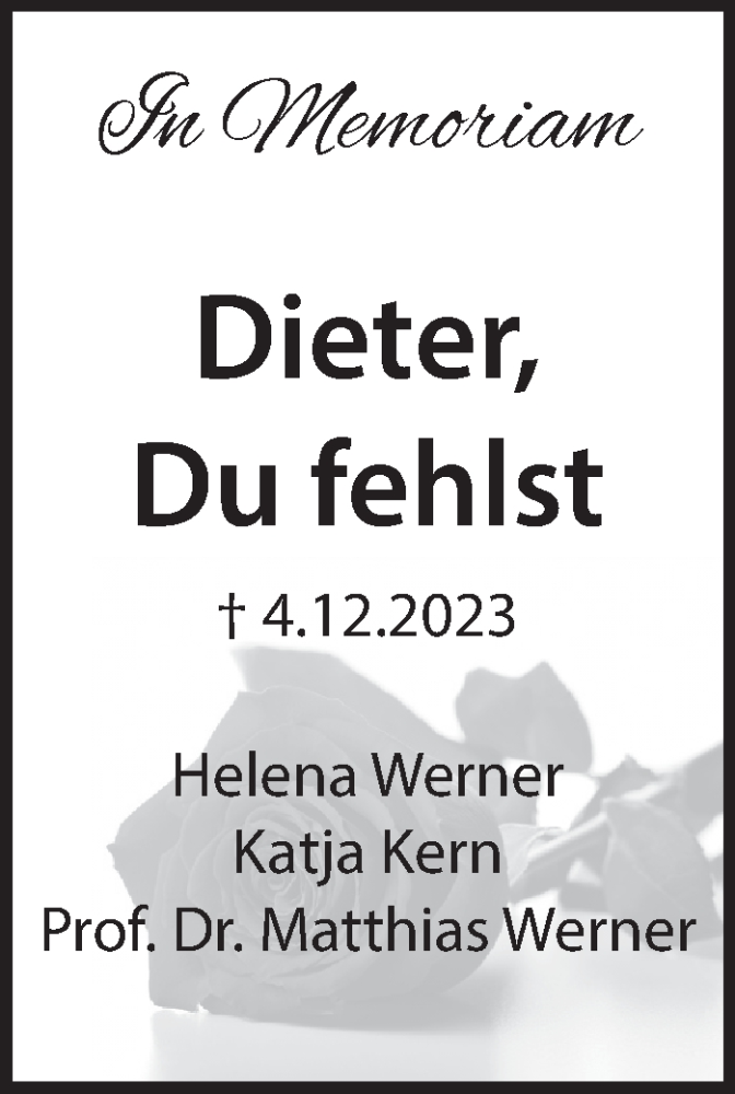  Traueranzeige für Dieter Werner vom 04.12.2024 aus Kreiszeitung Böblinger Bote