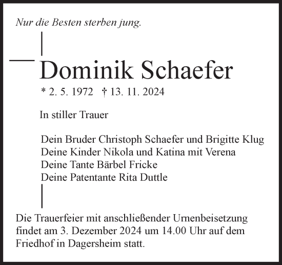 Traueranzeige von Dominik Schaefer von Kreiszeitung Böblinger Bote