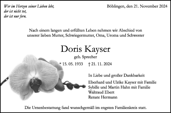 Traueranzeige von Doris Kayser von Kreiszeitung Böblinger Bote