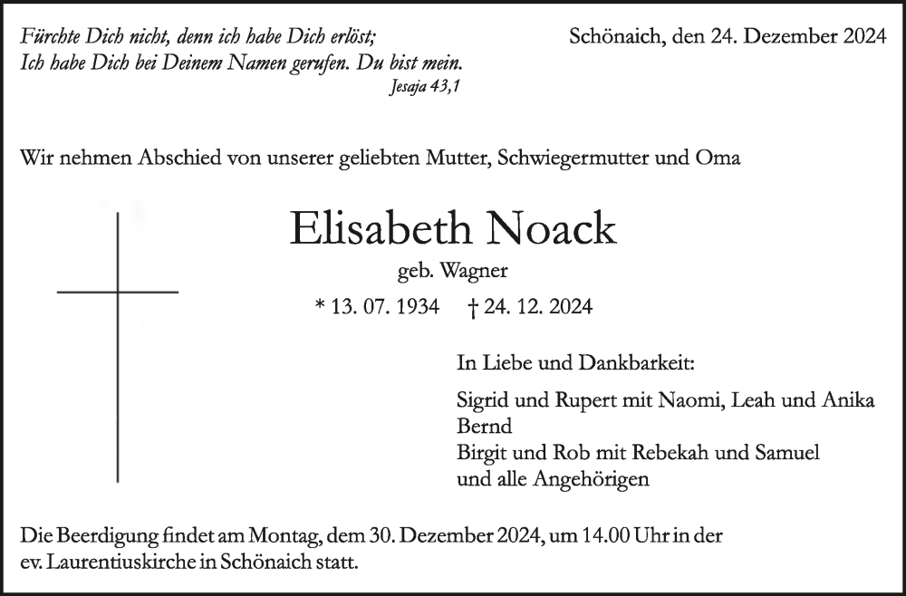  Traueranzeige für Elisabeth Noack vom 30.12.2024 aus Kreiszeitung Böblinger Bote