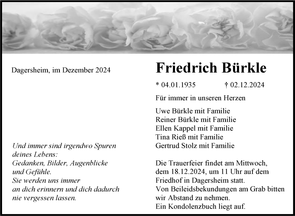  Traueranzeige für Friedrich Bürkle vom 07.12.2024 aus Kreiszeitung Böblinger Bote