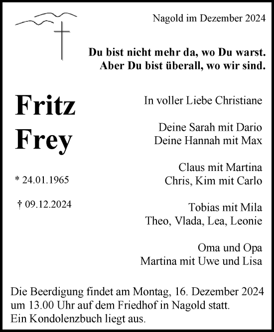 Traueranzeige von Fritz Frey von Kreiszeitung Böblinger Bote