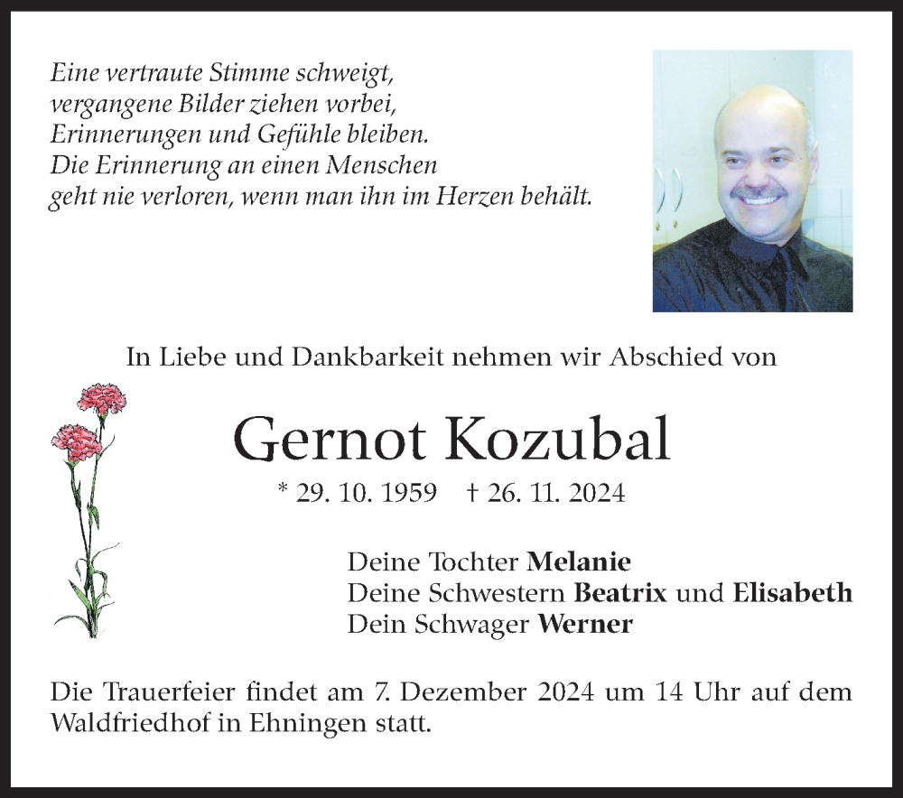  Traueranzeige für Gernot Kozubal vom 05.12.2024 aus Kreiszeitung Böblinger Bote