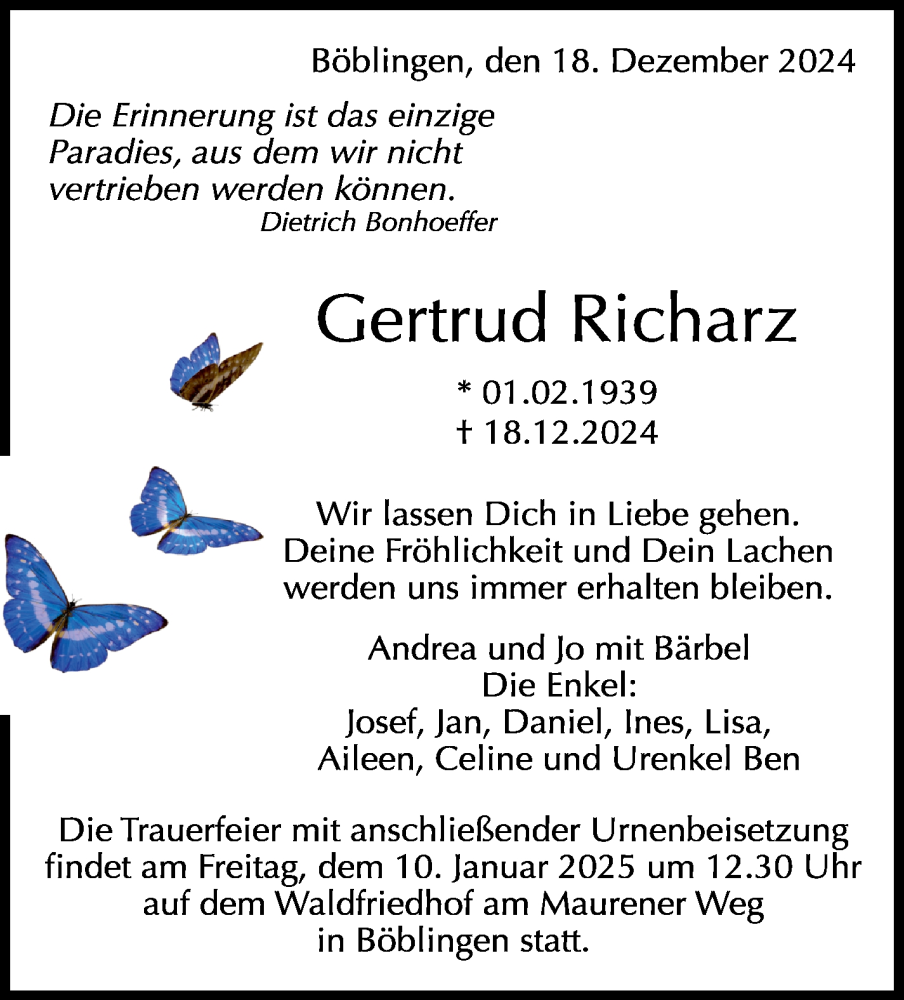  Traueranzeige für Gertrud Richarz vom 23.12.2024 aus Kreiszeitung Böblinger Bote