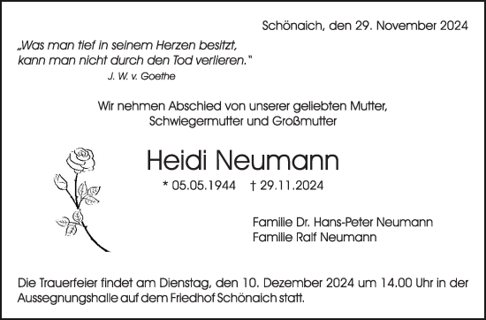 Traueranzeige von Heidi Neumann von Kreiszeitung Böblinger Bote