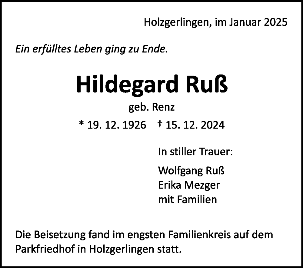  Traueranzeige für Hildegard Ruß vom 20.12.2024 aus Kreiszeitung Böblinger Bote