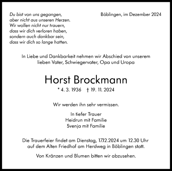 Traueranzeige von Horst Brockmann von Kreiszeitung Böblinger Bote