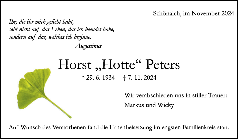  Traueranzeige für Horst Peters vom 13.12.2024 aus Kreiszeitung Böblinger Bote